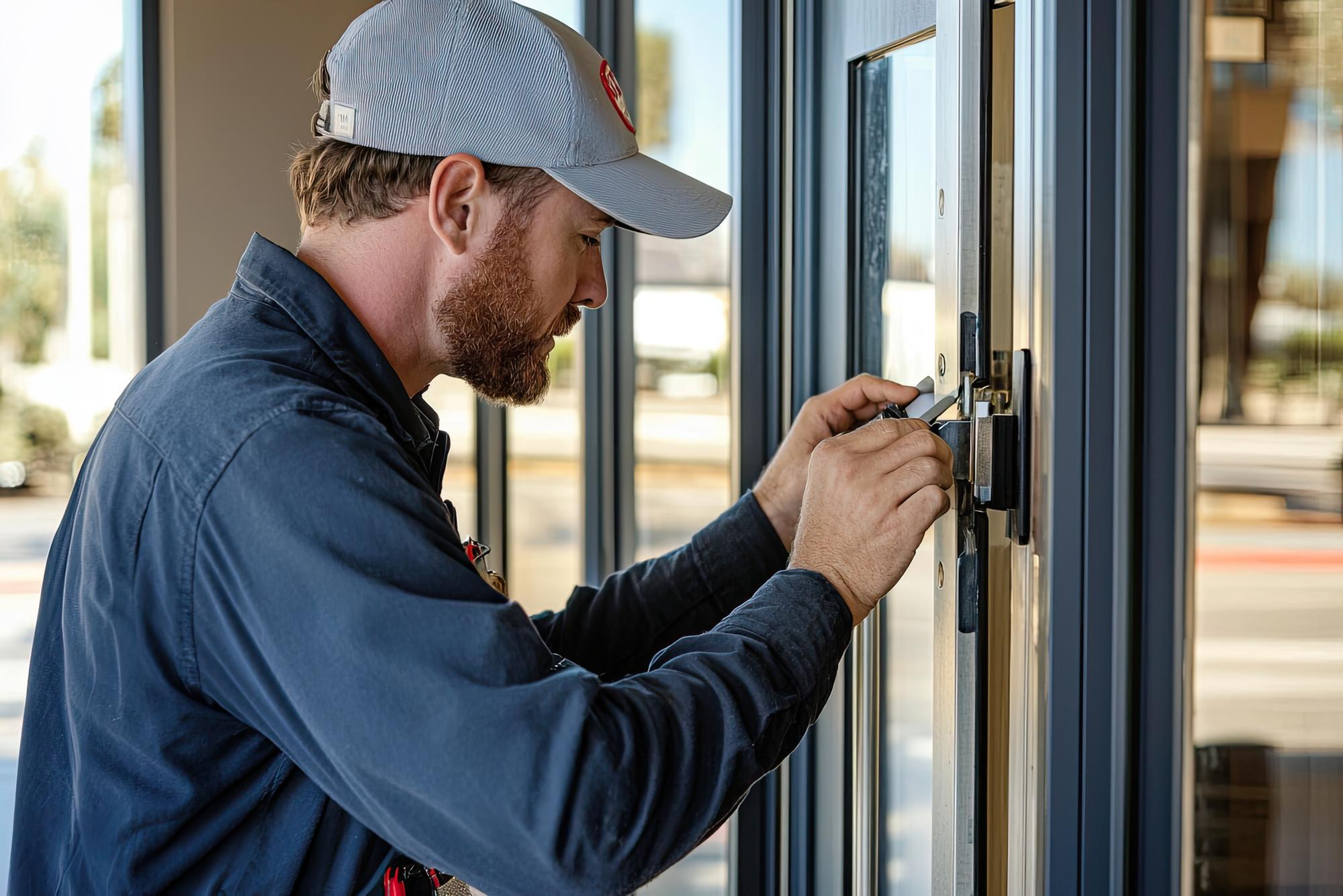 A locksmith is focused on repairing broken door