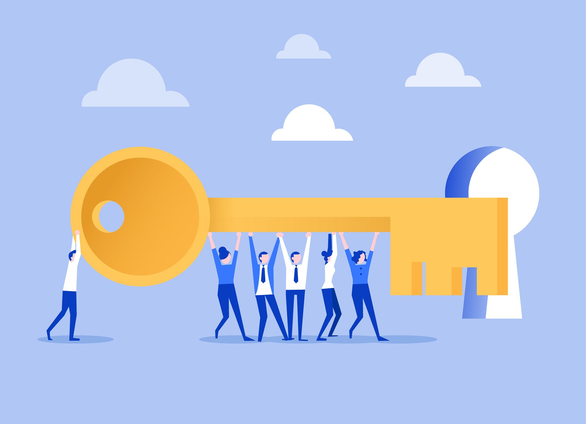 A group of small figures lifting a giant golden key towards a large keyhole.